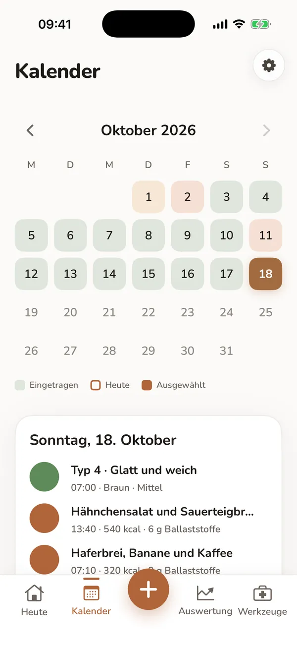 Kalender mit Beispieltagen und den Einträgen eines ausgewählten Tages.