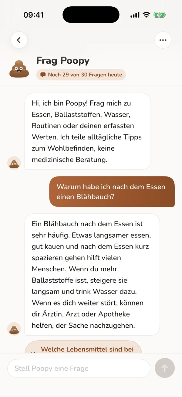 „Frag Poopy“ mit einem Beispielgespräch über Alltagsroutinen.