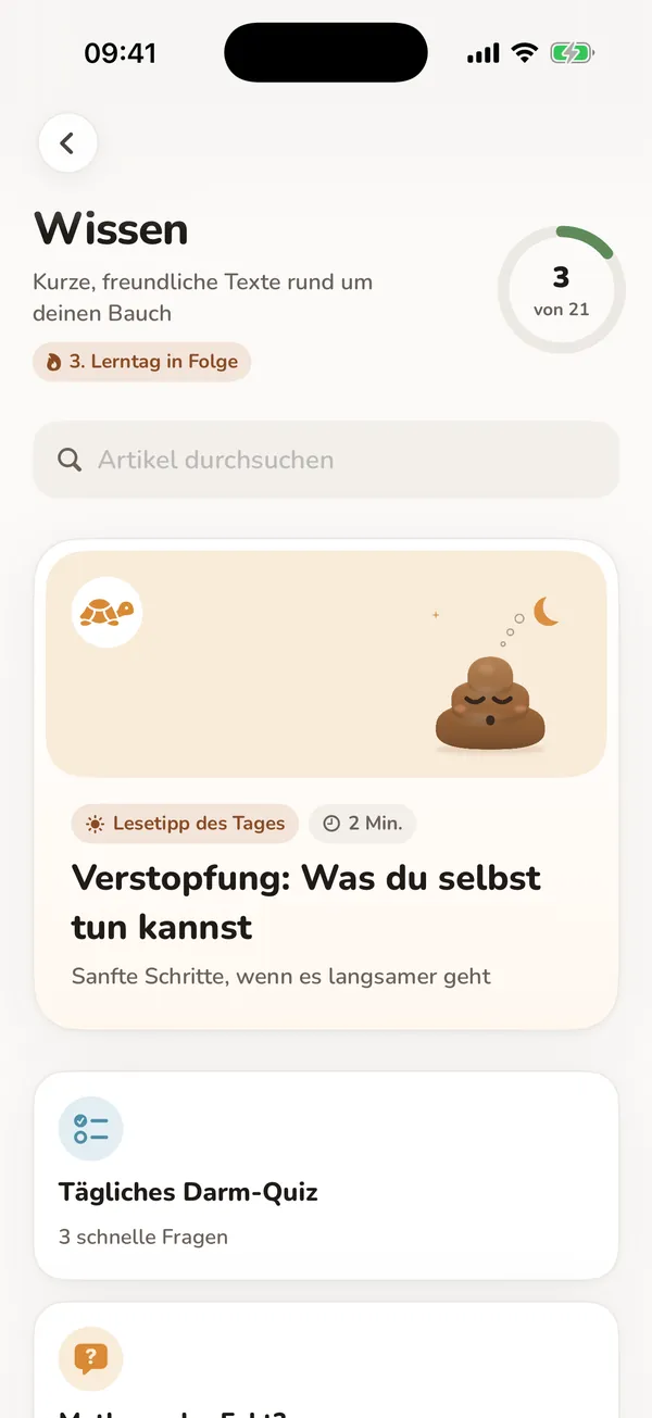 Echter Wissen-Screen mit Texten und Quizzen zur Darmgesundheit.