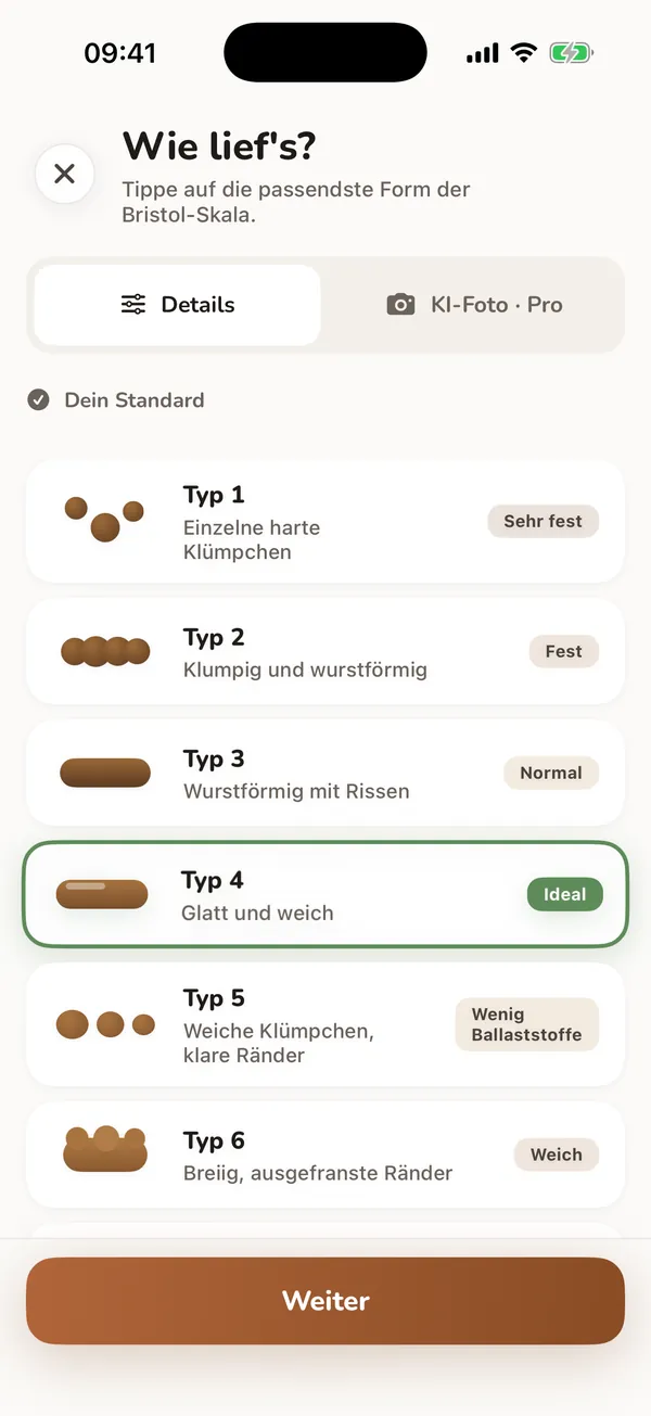 Echter Screen für einen Stuhlgang-Eintrag mit Bristol-Typen und optionalen Details, mit Beispieldaten.