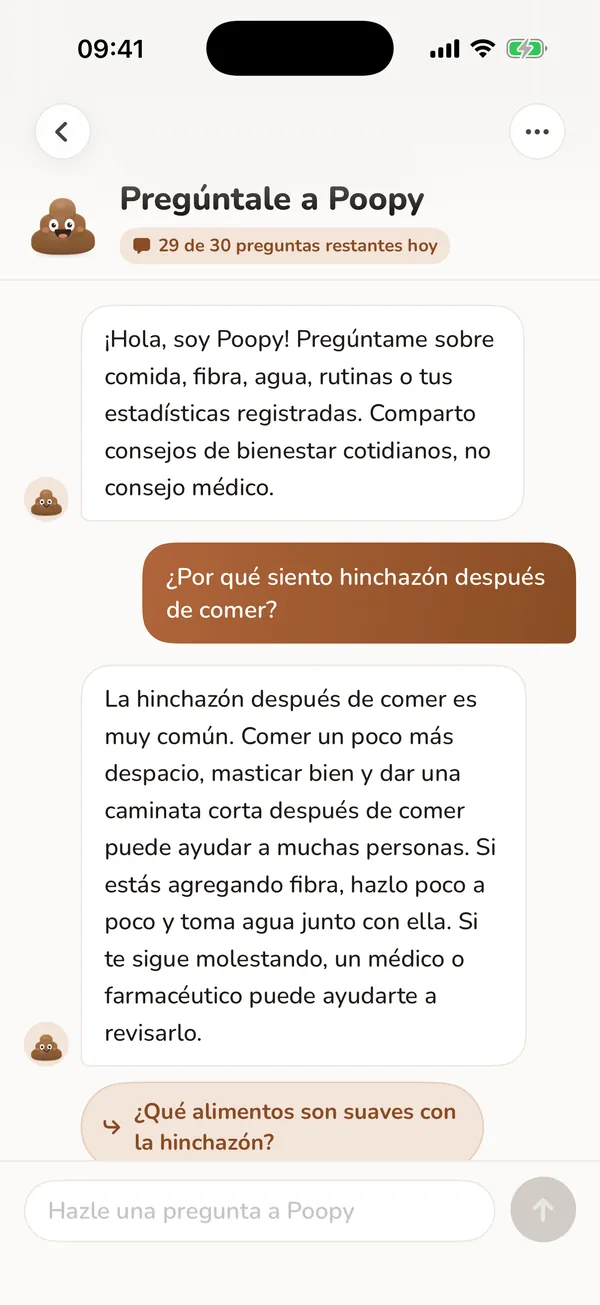 Pregúntale a Poopy con una conversación de ejemplo sobre rutinas diarias.