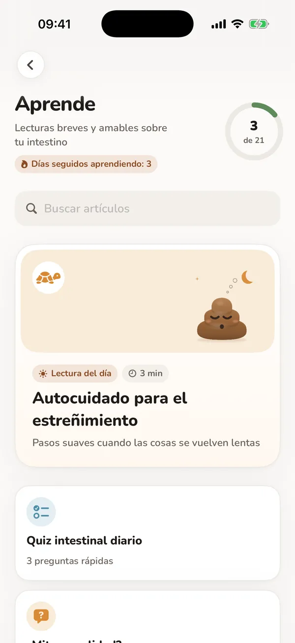 Pantalla real de Aprende con lecturas y cuestionarios sobre salud intestinal.