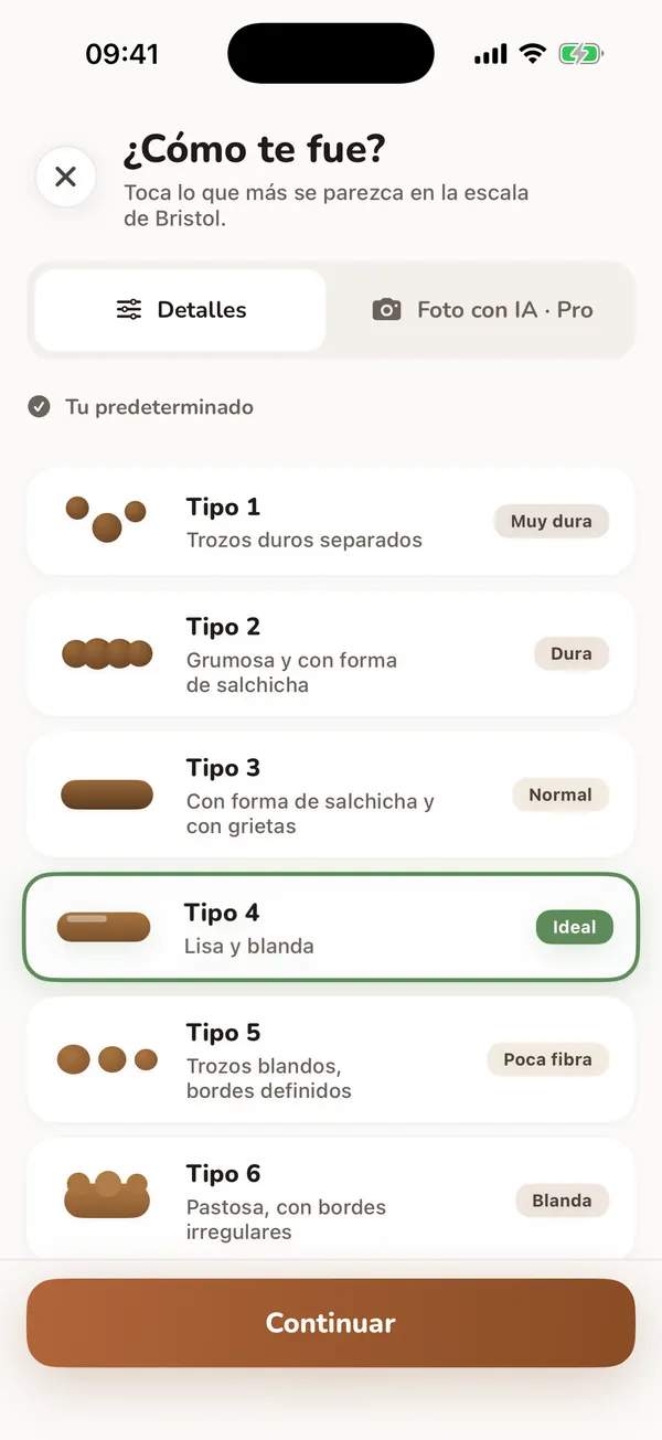Pantalla real de entrada intestinal con tipos de Bristol y detalles opcionales, con datos de ejemplo.