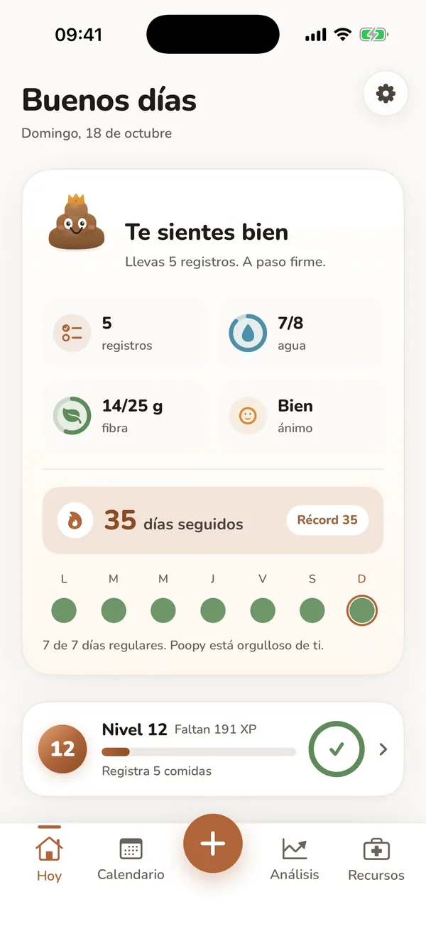 Pantalla Hoy con entradas de ejemplo, totales de agua y una racha de registros.