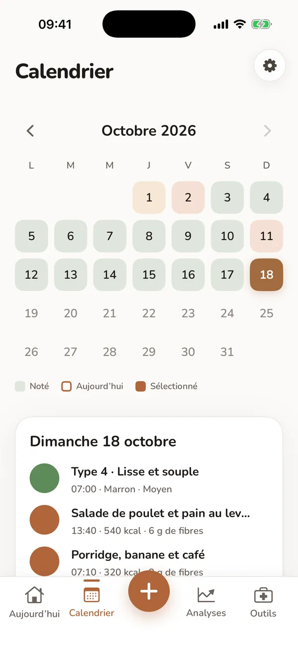 Calendrier montrant des jours notés en exemple et les entrées d’un jour sélectionné.