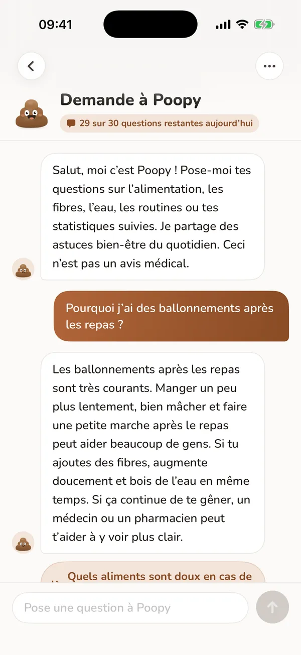 Demande à Poopy avec un exemple de conversation sur les routines du quotidien.