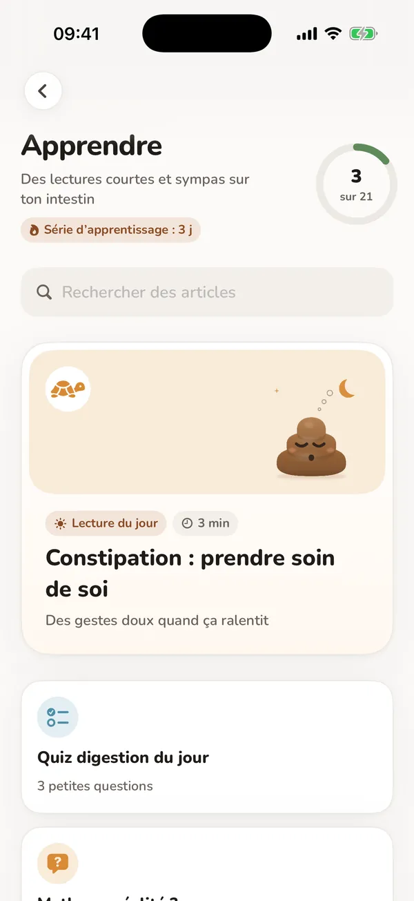 Vrai écran Apprendre avec des lectures et des quiz sur la santé intestinale.