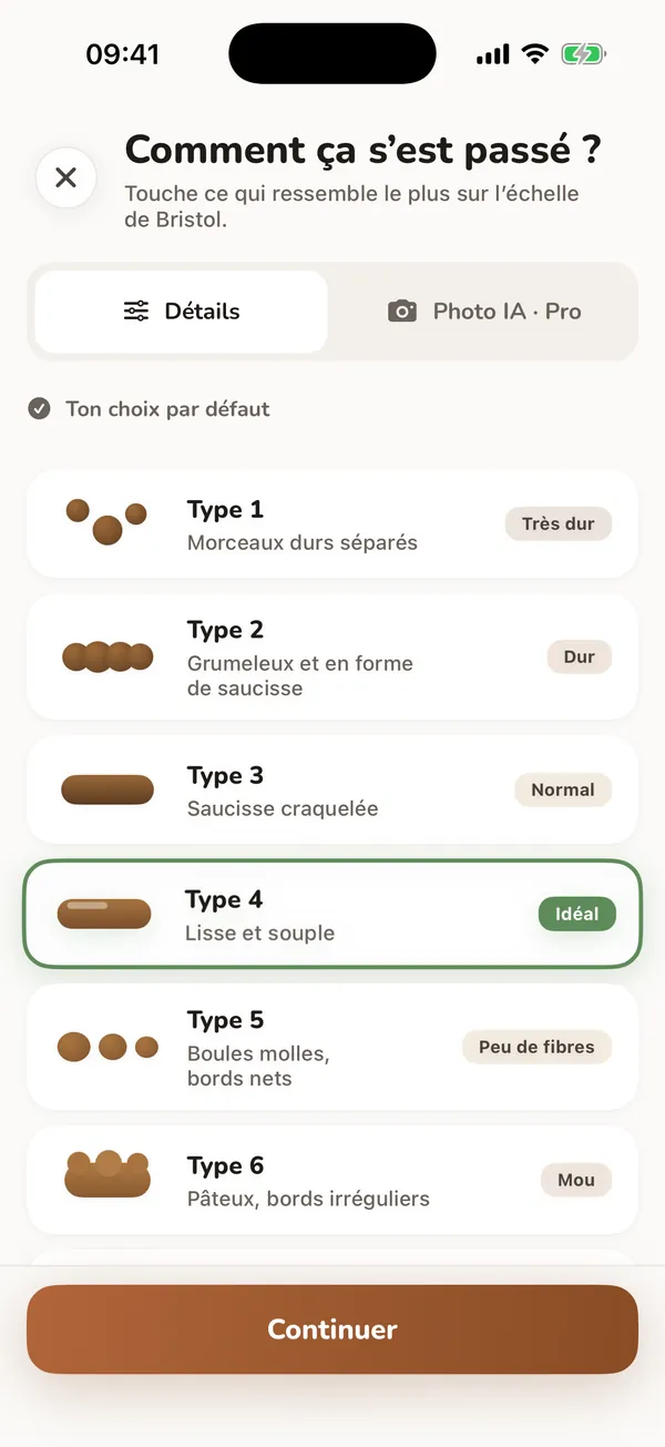 Vrai écran d’entrée de selles avec les types de Bristol et des détails facultatifs, avec des données d’exemple.