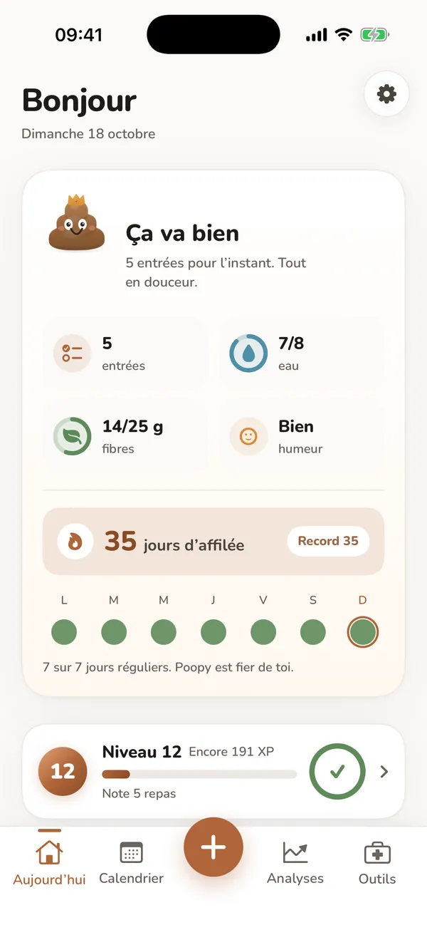 Écran Aujourd’hui avec des entrées d’exemple, les totaux d’eau et une série de saisies.