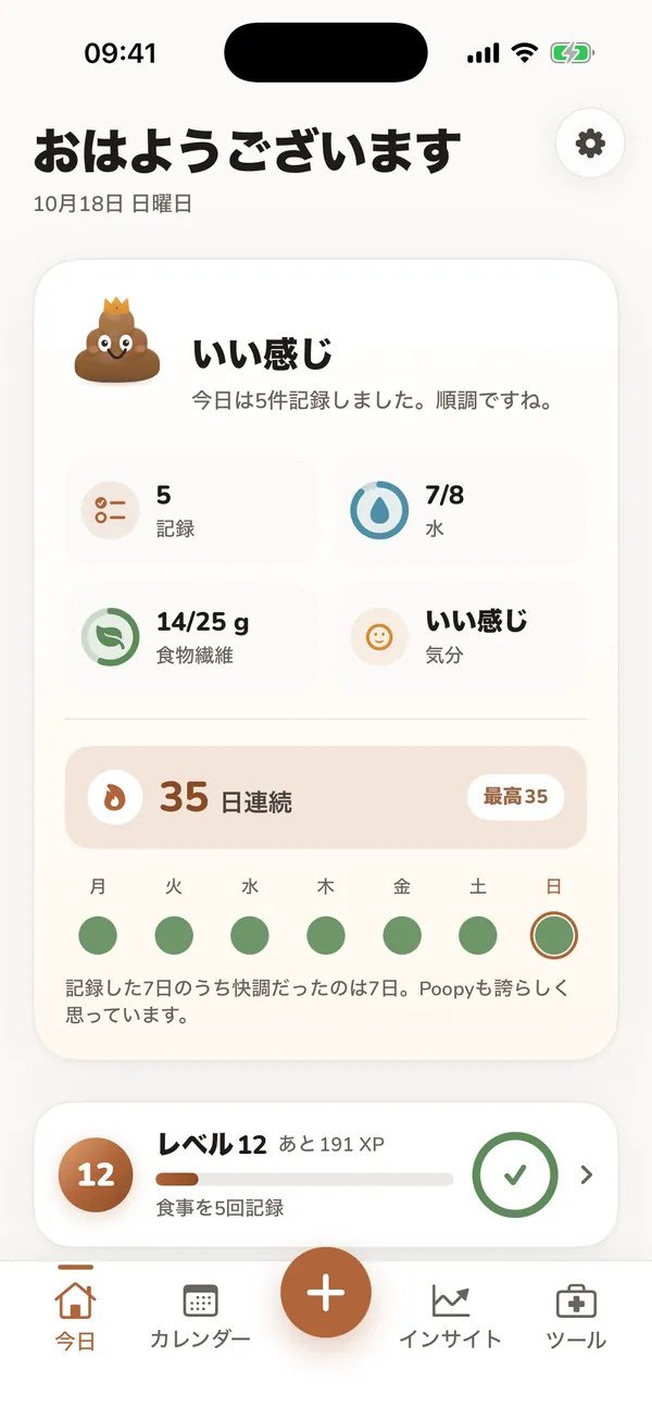 サンプルの記録、水分の合計、連続記録を表示した今日の画面。