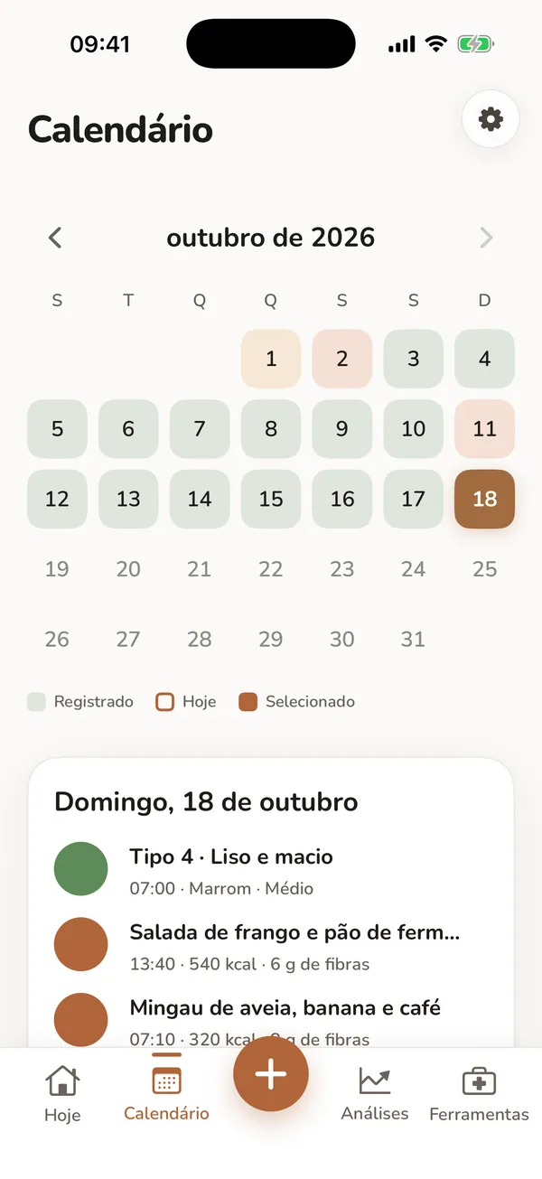 Calendário mostrando dias de exemplo registrados e os registros de um dia selecionado.