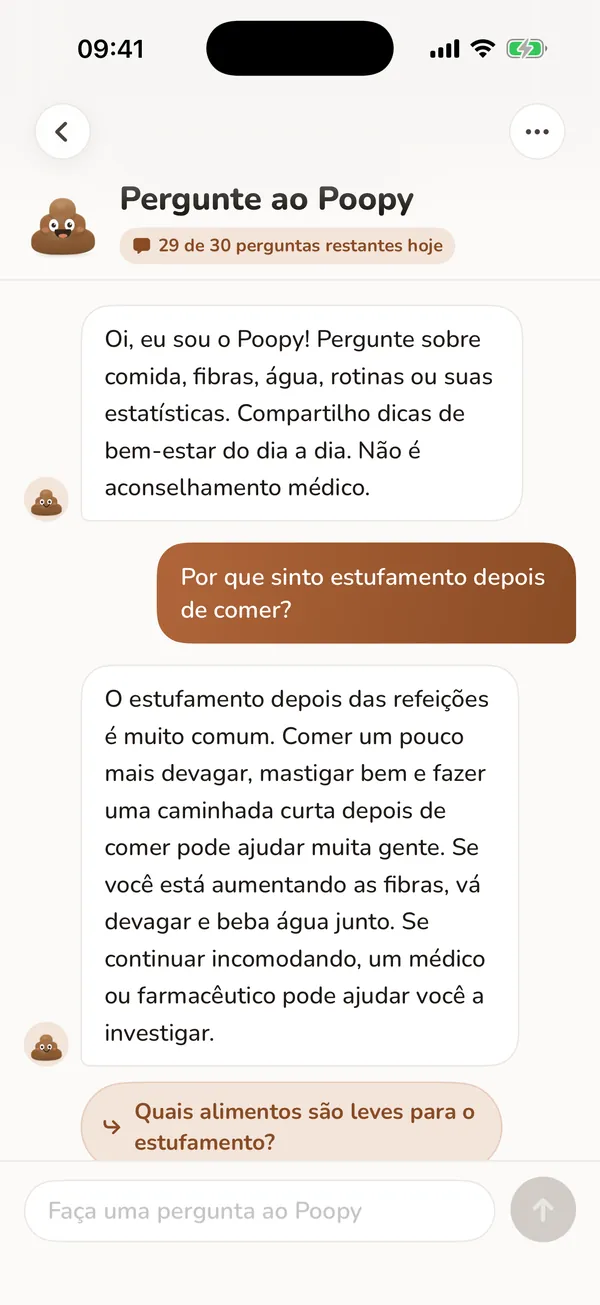 Pergunte ao Poopy com uma conversa de exemplo sobre rotinas do dia a dia.