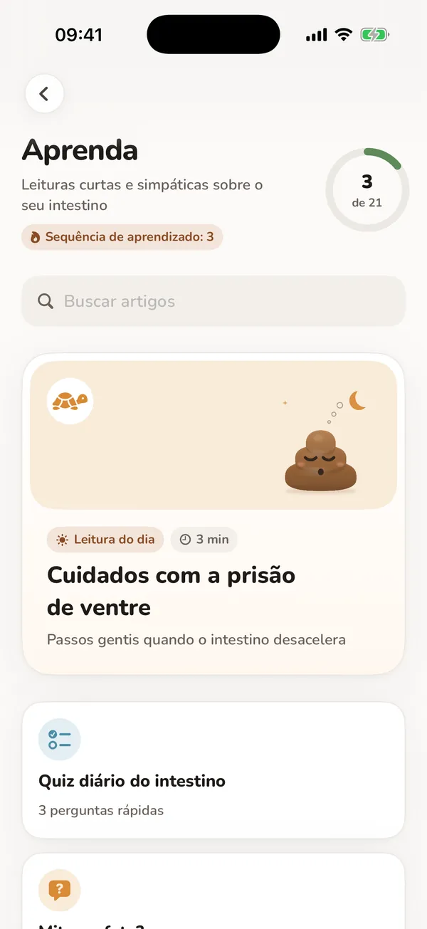 Tela real do Aprenda com leituras e quizzes sobre saúde intestinal.