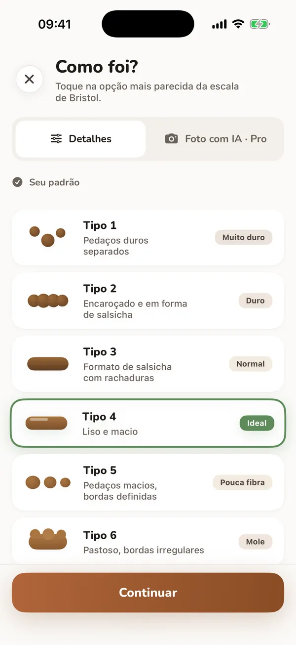 Tela real de registro intestinal com tipos de Bristol e detalhes opcionais, usando dados de exemplo.