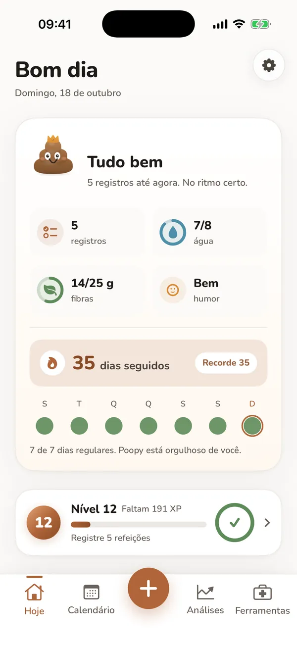 Tela Hoje com registros de exemplo, totais de água e uma sequência de registros.