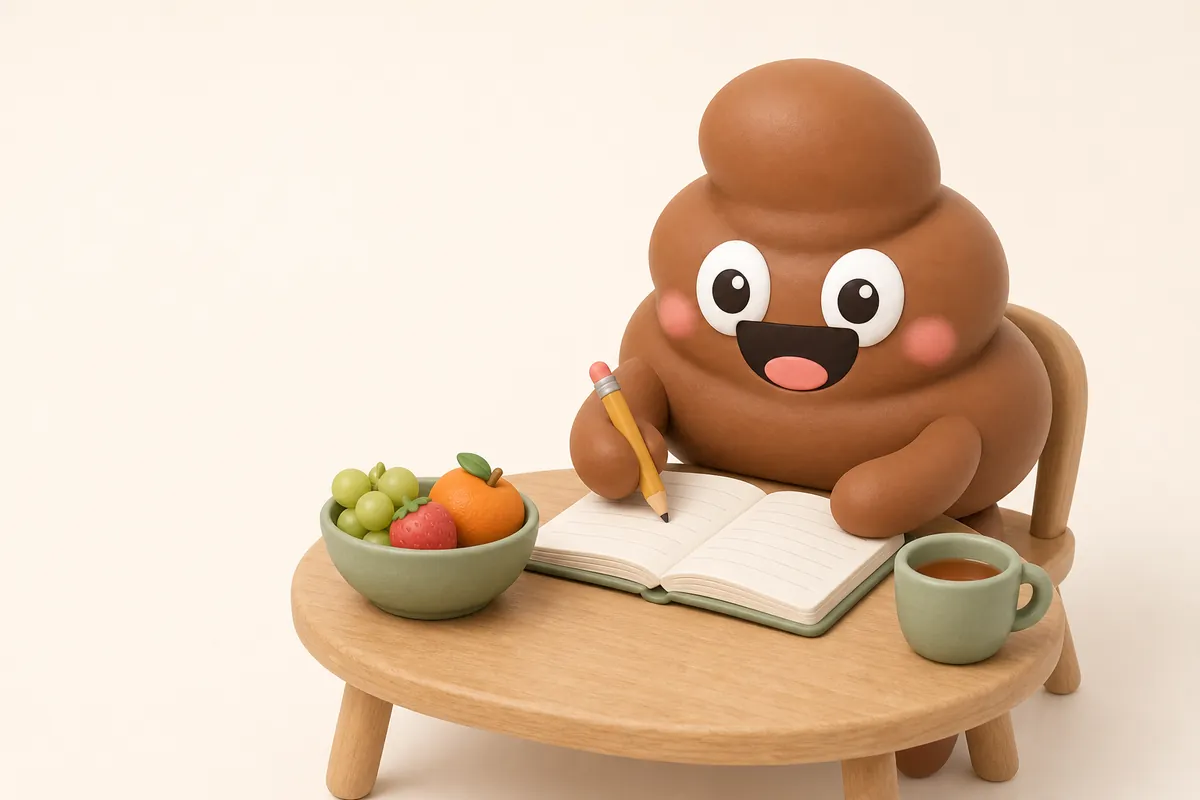 رسم توضيحي: يجلس Poopy إلى طاولة مطبخ صغيرة يكتب بقلم رصاص في دفتر مفتوح، وعلى الطاولة وعاء فاكهة وكوب شاي، وصفحات الدفتر لا تُظهر سوى أسطر فارغة.