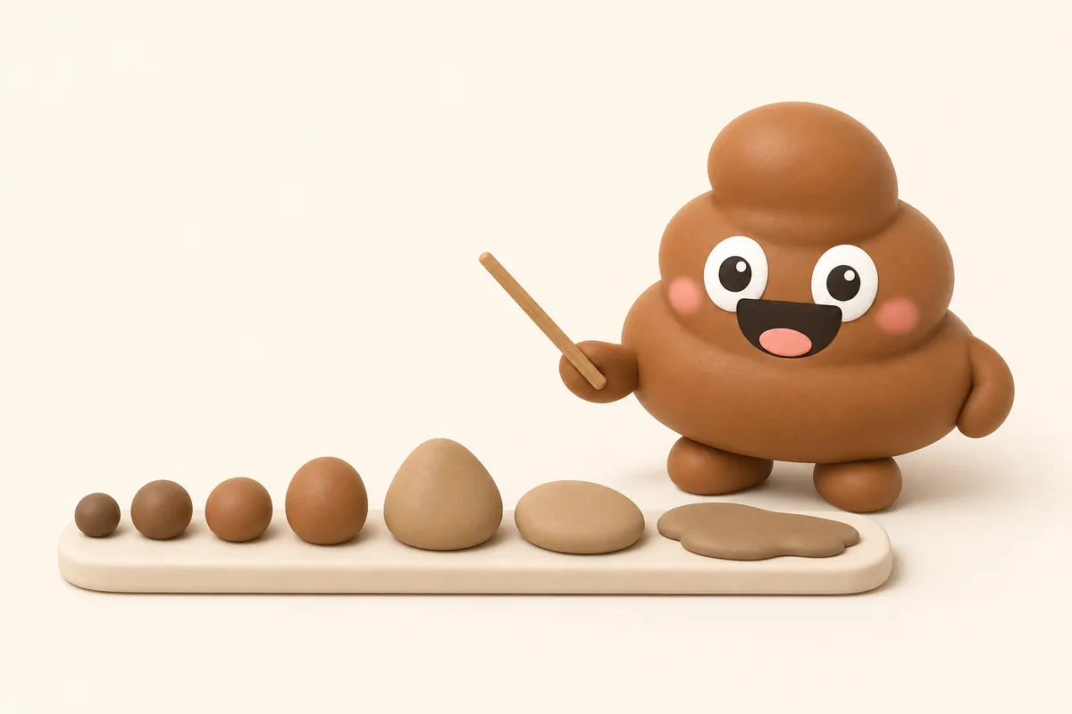 Illustration: Poopy stands beside a neat row of seven small rounded clay shapes going from tiny round pebbles to a soft flat shape, holding a small wooden pointer like a friendly teacher.