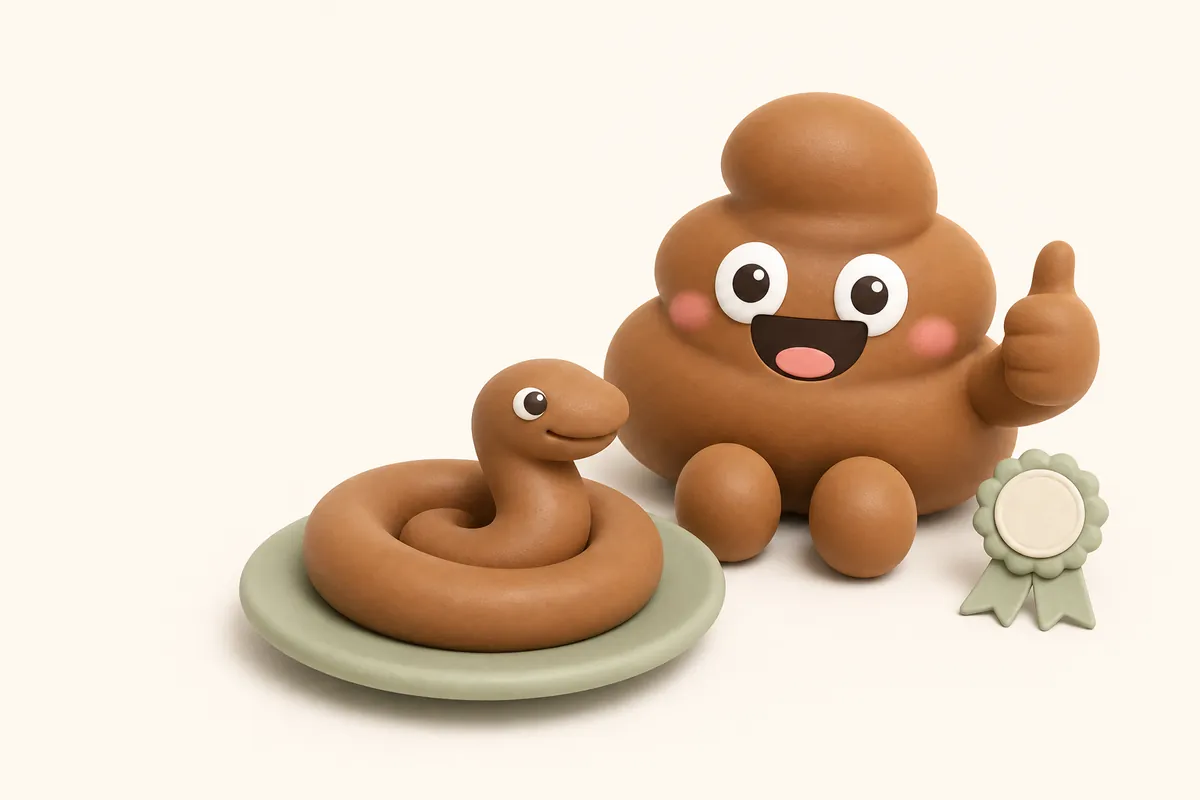 رسم توضيحي: Poopy يبتسم ابتسامة كبيرة سعيدة ويرفع إبهامه بجانب شكل أفعى طيني بني أملس وطري تمامًا ملتفّ على طبق، وبجانبه شريط جائزة صغير.