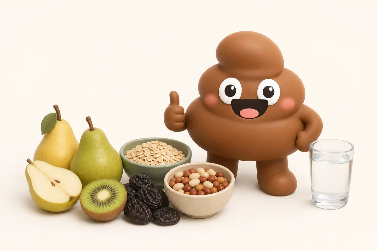 رسم توضيحي: يقف Poopy بفخر بجانب تشكيلة ملونة من الكمثرى والبرقوق المجفف والكيوي ووعاء شوفان ووعاء فاصولياء وكوب ماء طويل، رافعًا إبهامه.