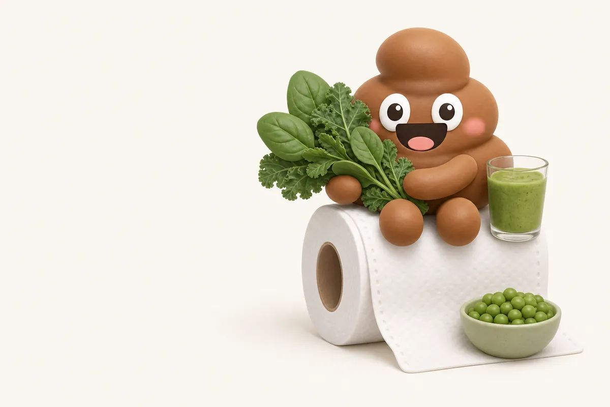 Ilustración: Poopy sostiene feliz un gran manojo de hojas frescas de espinaca y col rizada, con un tazón pequeño de chícharos y un vaso de licuado verde a su lado.