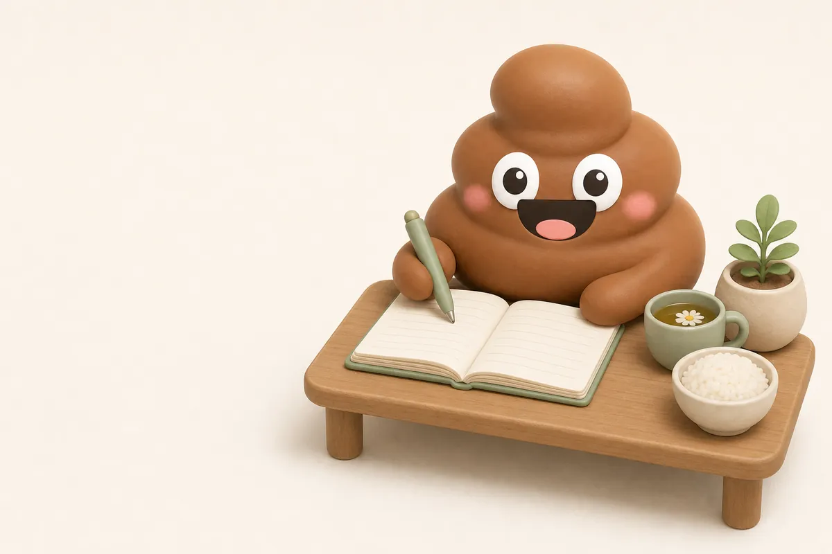 イラスト：Poopyが小さな机で罫線だけの白紙のノートに書き込んでいる。横にはハーブティーのカップと白いご飯のお茶わんがあり、落ち着いてきちんとした様子。