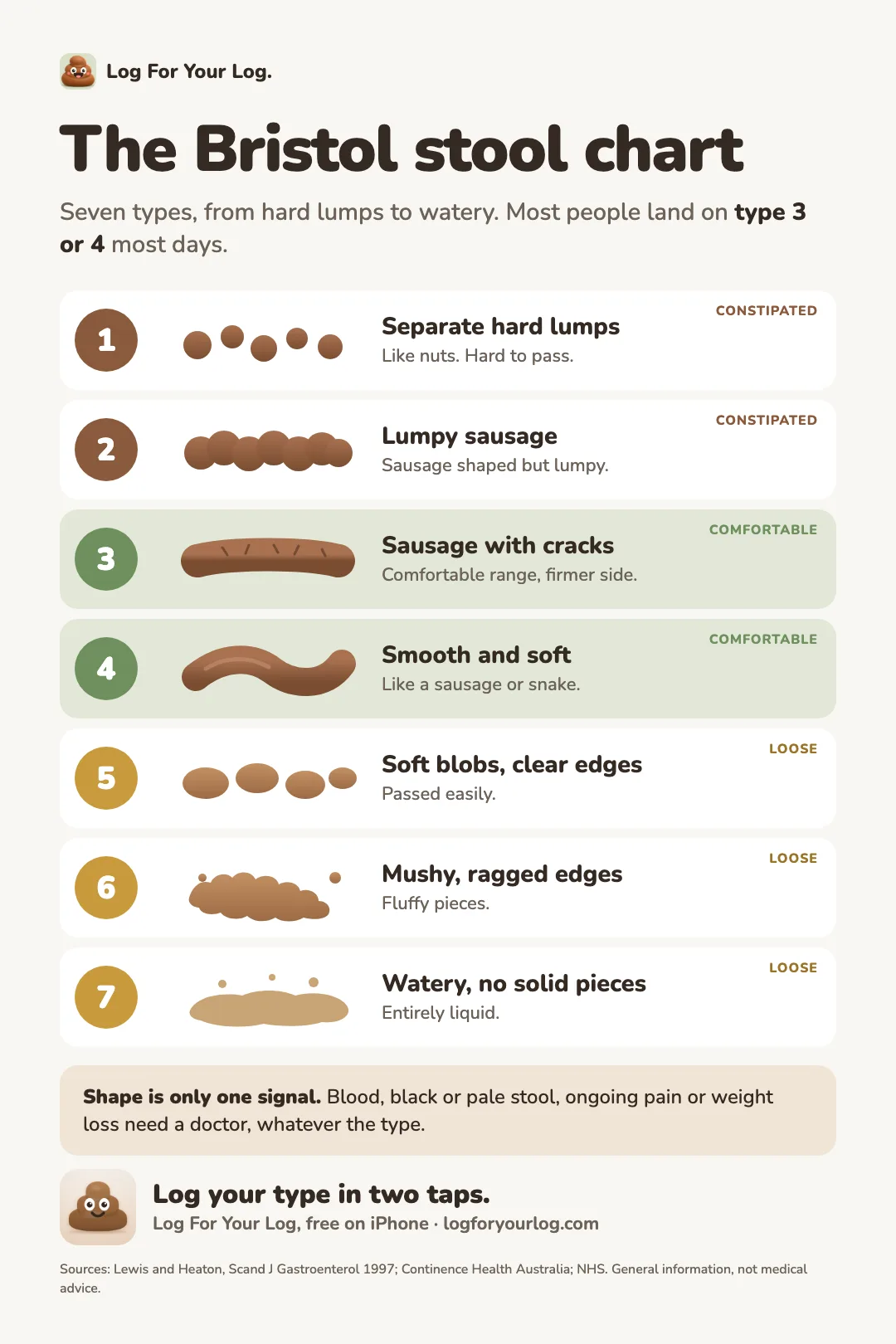 The Bristol stool chart: type 1 separate hard lumps, type 2 lumpy sausage, type 3 sausage with cracks, type 4 smooth and soft, type 5 soft blobs with clear edges, type 6 mushy with ragged edges, type 7 watery. Types 3 and 4 are the comfortable range. Blood, black or pale stool, ongoing pain or weight loss need a doctor, whatever the type.