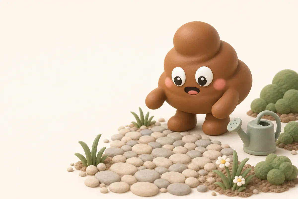 Illustration : Poopy se tient au bord d’un petit chemin de jardin fait de petits cailloux ronds et lisses, qu’il regarde d’un air un peu inquiet, un arrosoir à côté de lui.