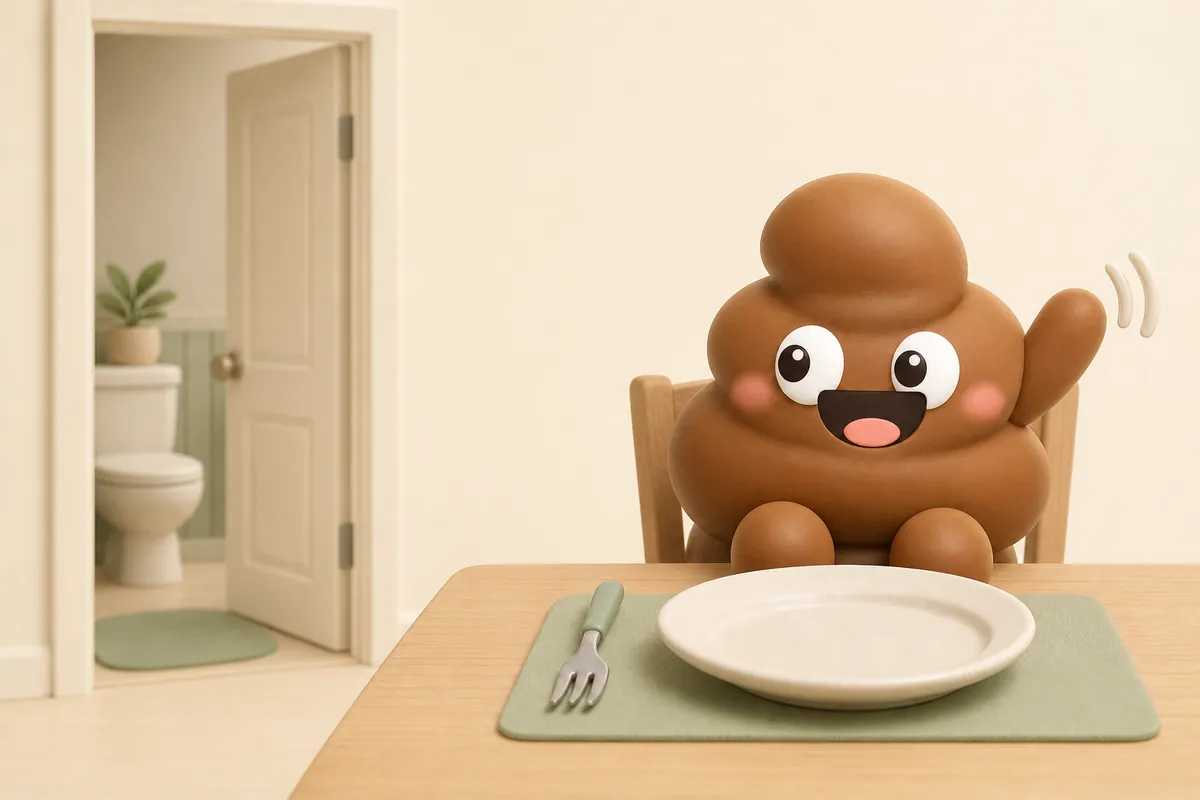 Illustration: Poopy sitzt mit einem leeren Teller und einer Gabel am Esstisch und schaut mit einem wissenden kleinen Lächeln zu einer Badezimmertür im sanft verschwommenen Hintergrund.