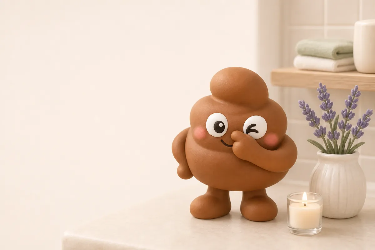 رسم توضيحي: Poopy يقرص المكان الذي يُفترض أن يكون فيه أنفه بوجه متجعّد مرح، واقفًا بجانب شمعة صغيرة مضاءة ومزهرية لافندر طازج في ركن حمّام نظيف ومشرق.