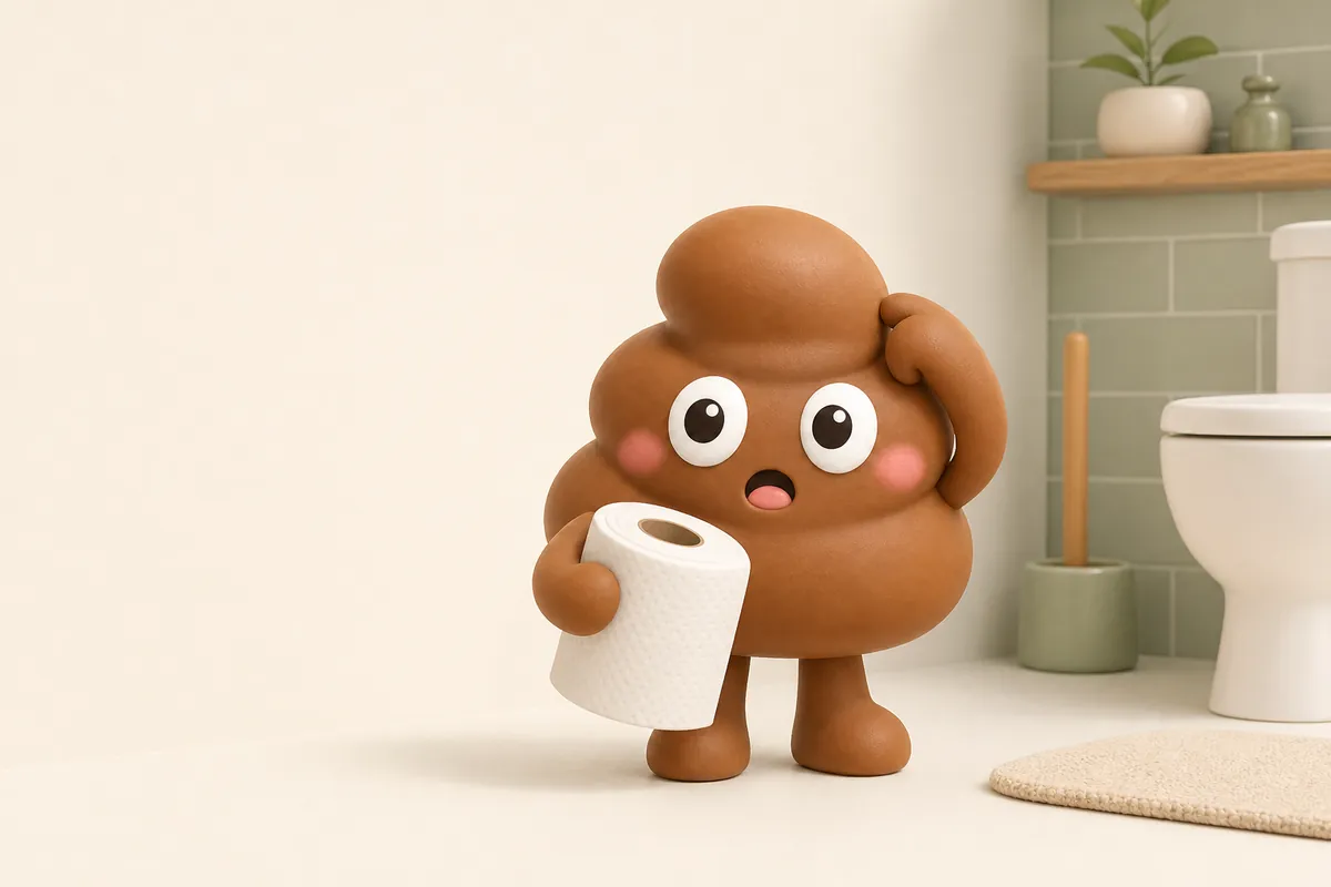 Illustration: Poopy holds a roll of toilet paper and looks puzzled, scratching its head with the other hand, in a clean bright bathroom corner.