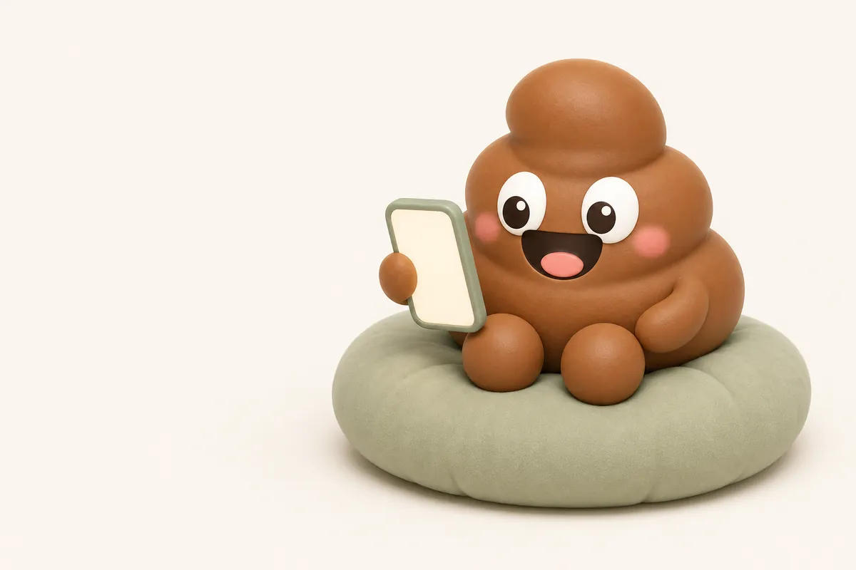 Illustration: Poopy sitzt auf einem Kissen und hält ein Smartphone, dessen Bildschirm eine schlichte, sanft leuchtende leere Farbfläche ohne Inhalt zeigt, und schaut es mit einem zufriedenen Lächeln an.