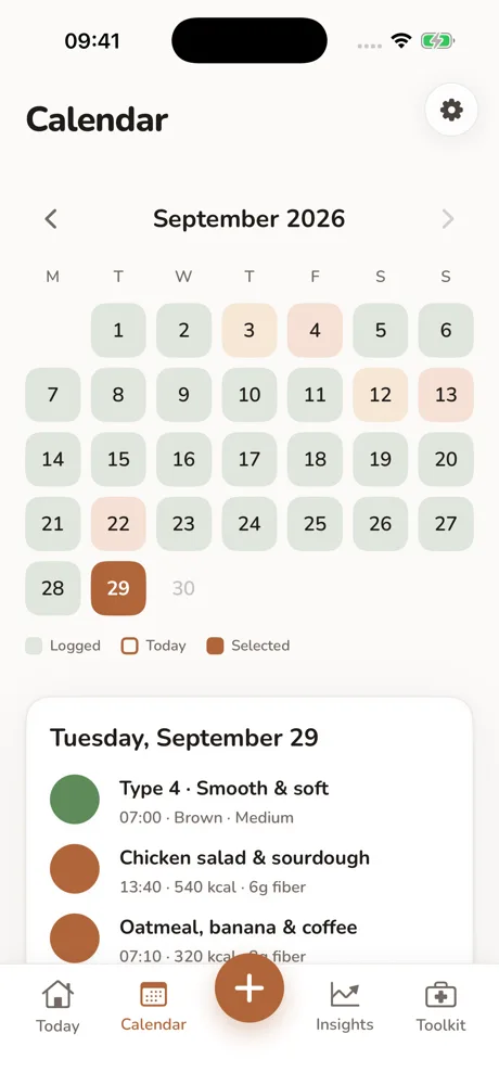 The Log For Your Log calendar screen showing one day's logged entries.