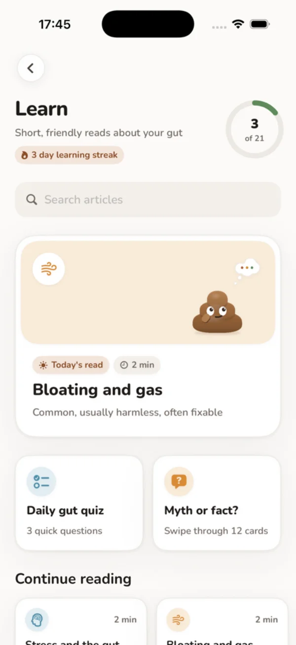 Real Learn screen with gut-health reads and quizzes.